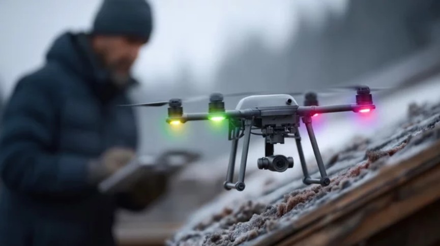 Drone med fargede lys svever over frostbelagt tak