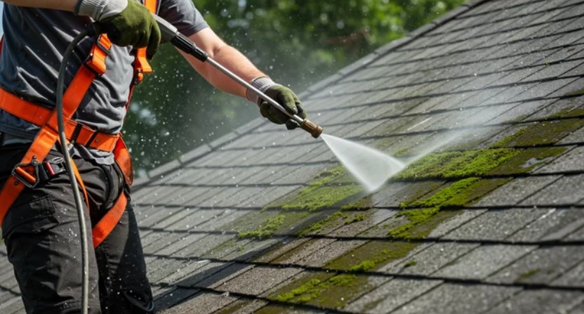 Høytrykkspyling fjerner grønn mose fra takstein