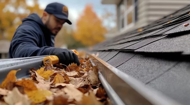 Fjerning av tørre løv fra takrenne ved hus