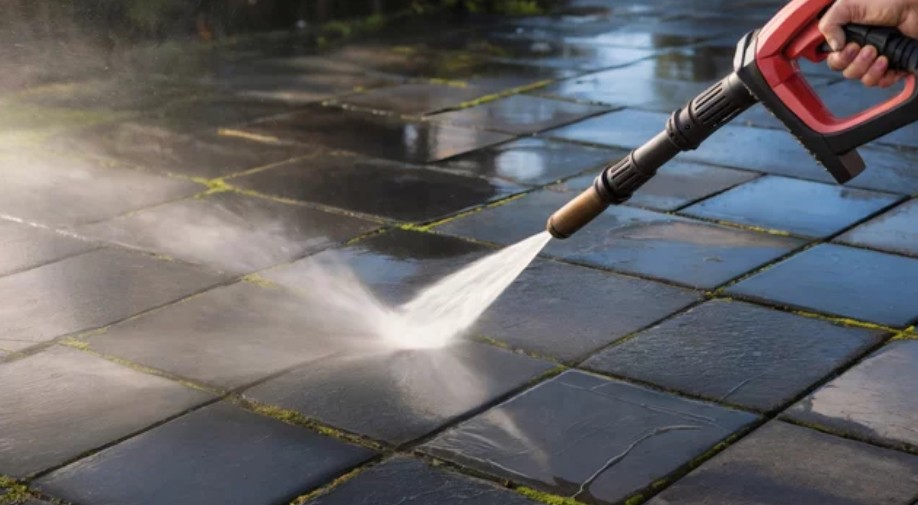 Høytrykkspyling av mørke steinheller med vannstråle