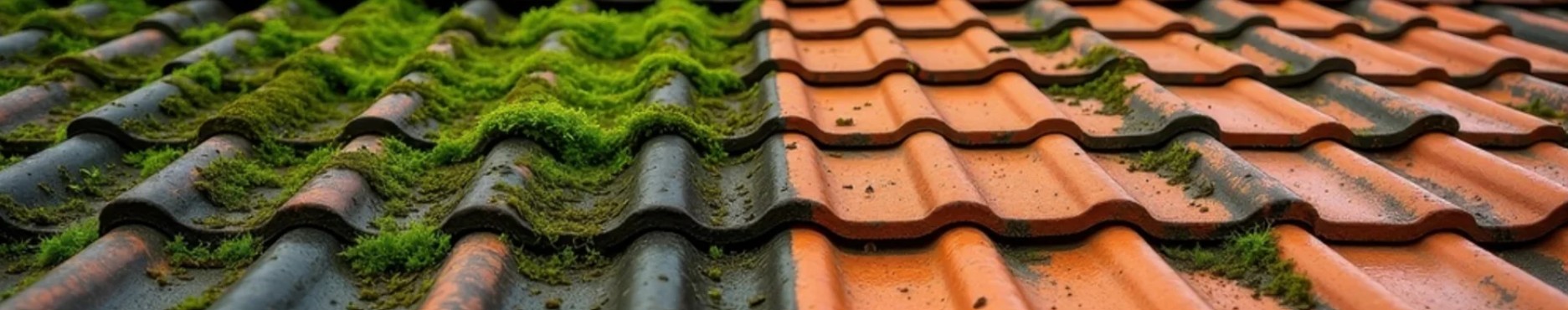 Tak med grønn mose til venstre og rene oransje takstein til høyre.