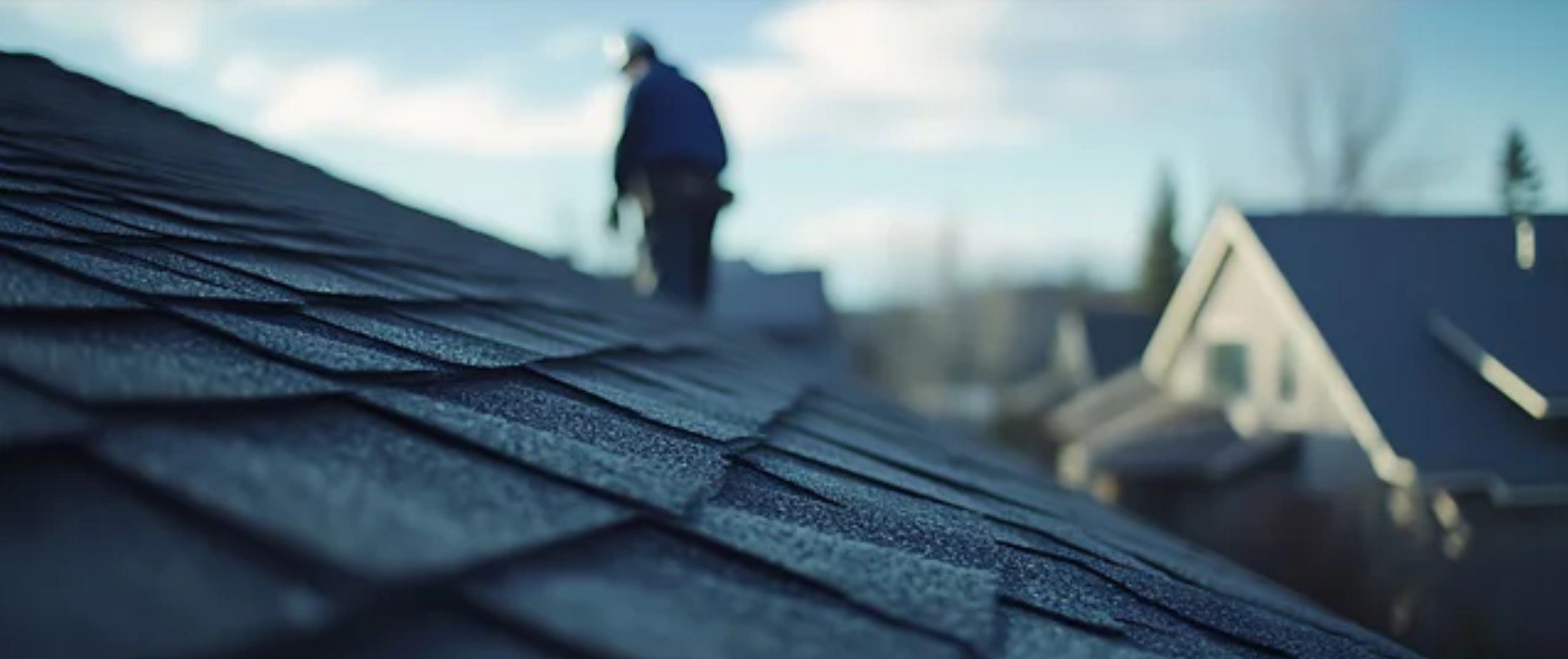 Nærbilde av takshingel med person arbeider i bakgrunnen.